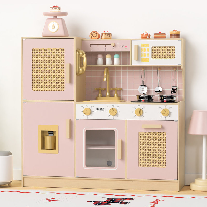 Wooden Kitchen Playset For Kids, Pretend Play Kitchen With Lights & Sounds, Retro Style Toy Kitchen, Green