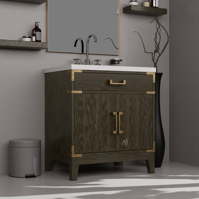 Laurel 30 in W x 22 in D Single Bath Vanity and Faucet Set, White Quartz, Brown Oak