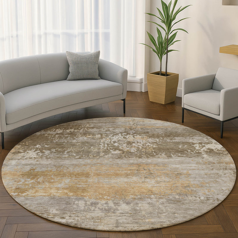 Tapis abstrait lavable à la machine de qualité supérieure Mayfield AMF2146, Rond 8 pi, Brun