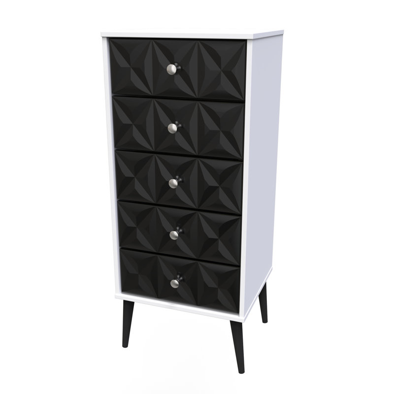 Fully Assembled Hermila 5 - Drawer Chest of Drawers, Deep Black/White