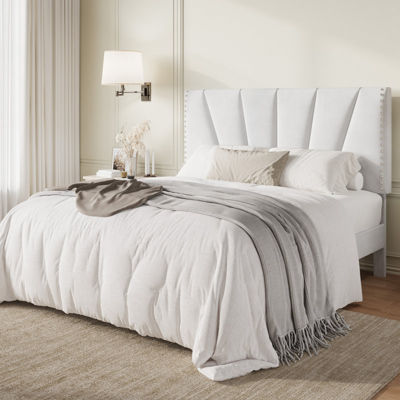 Velvet Upholstered Platform Bed Frame With Tufted Headboard And Nailhead Trim, Adjustable Height, No Box Spring Needed, White