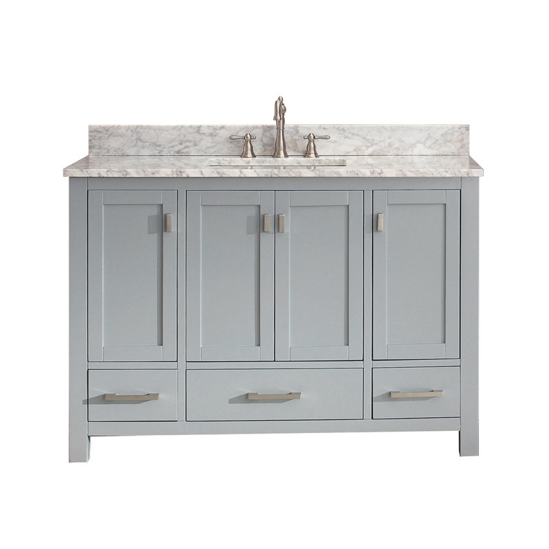 Modero 48" Single Bathroom Vanity with Top, Chilled Gray, Carrera White Marble, Brushed Nickel