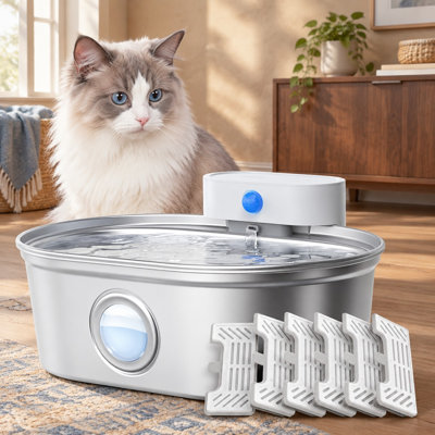 Fontaine à eau sans fil en acier inoxydable de 2 L/67 oz avec pompe externe à piles et fenêtre de niveau d'eau pour chats et chiens.