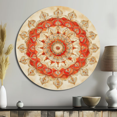 Mandala of Radiant Balance II - Orange Boho Geometry Round Metal Wall Art