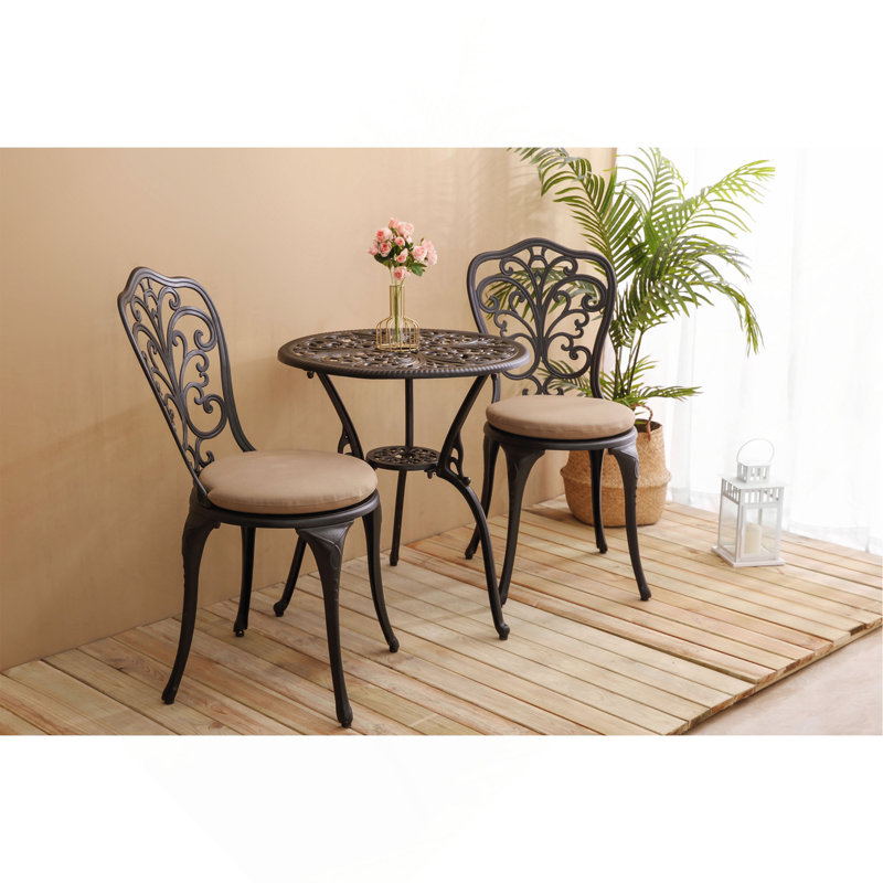 Ensemble bistro 3 pièces d'extérieur en fonte d'aluminium avec coussin