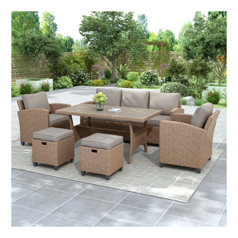 Ensemble de 6 chaises d'extérieur en osier de rotin pour patio, chaise, tabourets et table, Naturel, Gris clair