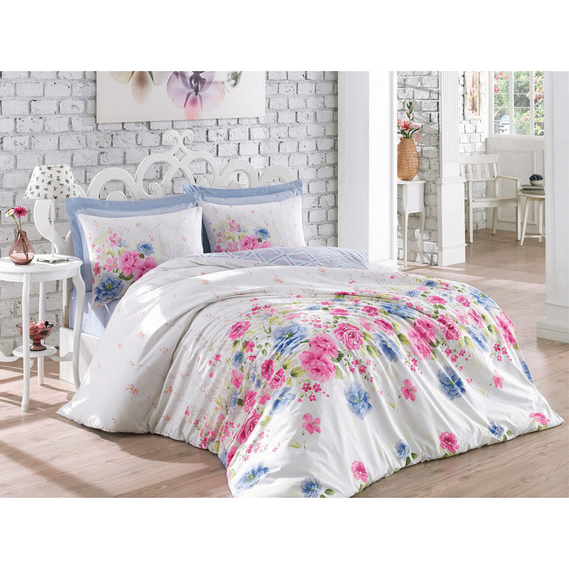 Ensemble de housse de couette 100% coton bleu / rose / blanc Nemorin, Housse de couette double + 2 taies d'oreiller stan