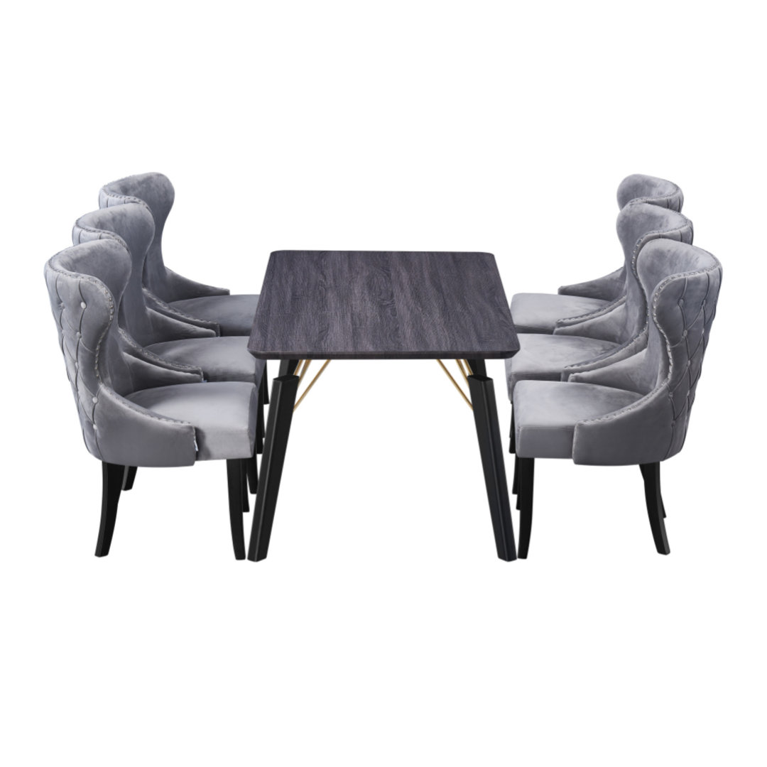 Bootle 6 Person Dining set - a Rectangular Wooden Dining Table with Metal Legs and a Set of 6 Quilted Velvet Dining Chairs for Dining Room - Modern Di