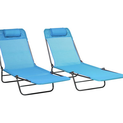 Chaises longues pliantes d'extérieur bleues en 2 pièces avec dossier inclinable à 6 positions pour piscine et plage, dotées d'un siège en maille respirante, fabriquées en acier, capacité de charge de 120 kg (265 lbs) pour la restauration de la plage.