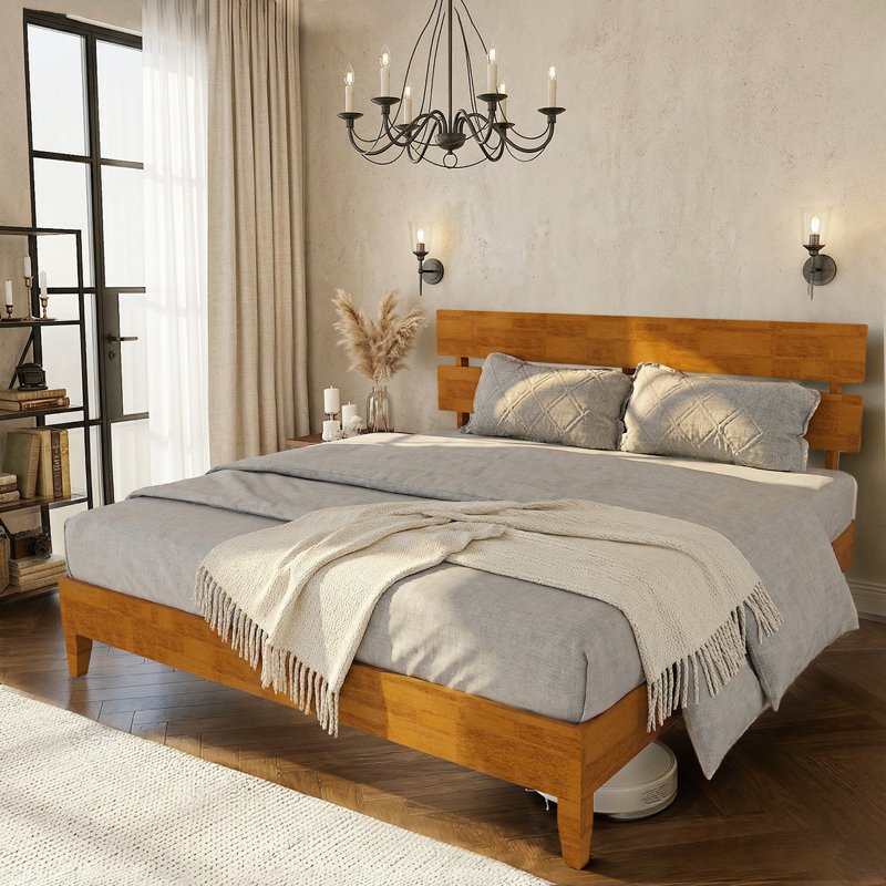 Solid Wood Platform Bed Frame , King Bed Frame With Headboard Included, Mid Century Modern Bed, Caramel, King, Brown