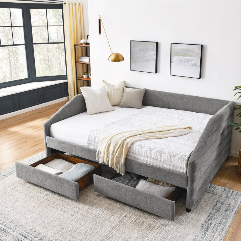 Queen Size Daybed With Two Drawers Trundle Upholstered Tufted Sofa Bed, Linen Fabric, Grey (88"X64.5"X34"), Queen, Gray