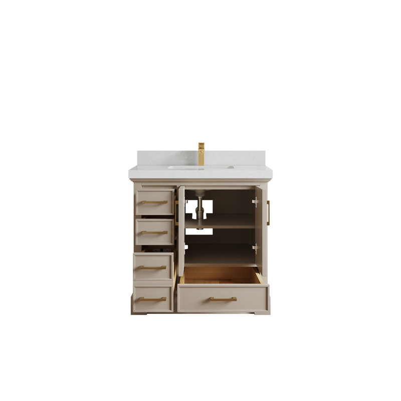 Meuble-lavabo simple 36 po avec plateau en quartz Glyndia, Quartz de Carrare