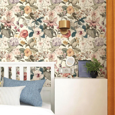 Papier peint floral, papier à peler et coller à motif floral rétro