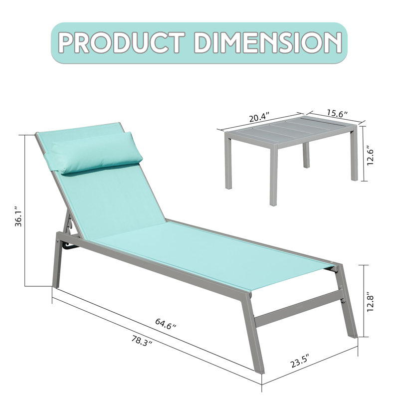 Patio Chaise Lounge Set Of 3, Aluminum Pool Chairs With Side Table, Adjustable Recliner For All-Weather Outdoor Relaxation