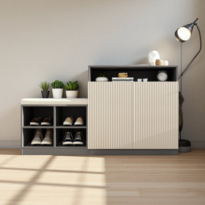 Armoire de salon avec banc à chaussures, 2 portes et 3 tablettes réglables à 3 niveaux, banc d'entrée avec 4 étagères à chaussures ouvertes et coussin amovible