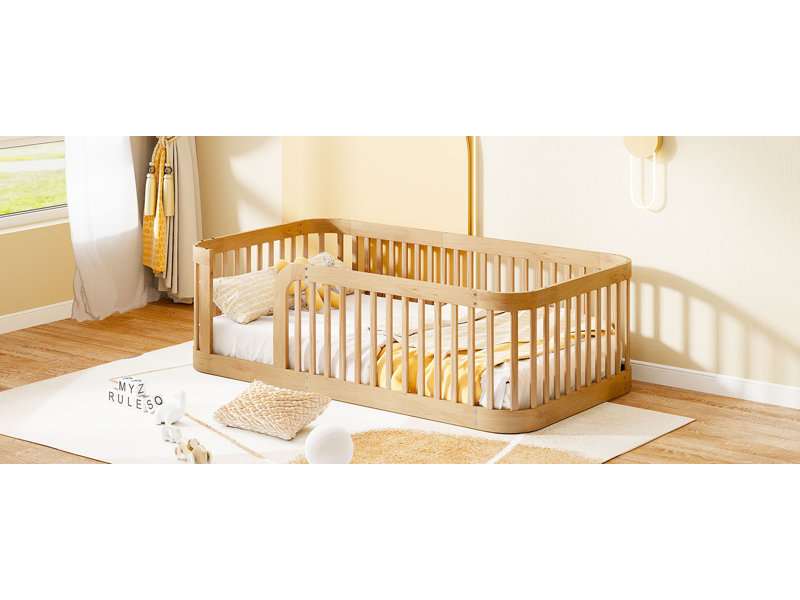 Wood Wood Floor Bed Frame with Fence, Natural