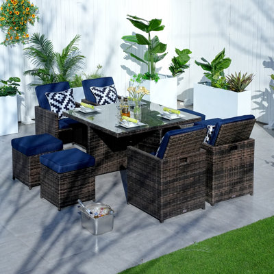 8 - Person Wicker Patio Dining Set with Square Table , Cushions Included