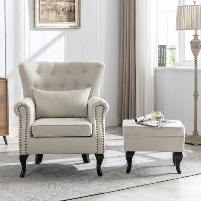 Mid Century Modern Accent Chair With Ottoman - Upholstered Wingback Armchair, Tufted Design, Sturdy Wooden Legs, Removable Cushion For Living Room, Bedroom Or Office