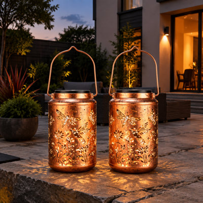 2-Pack Waterproof Outdoor Solar Lanterns with Dual Charging | Decorative Yard/Patio Lights with Larger Solar Panel for Efficient Sunlight Charging and Type-C Port for Charging Without Sun