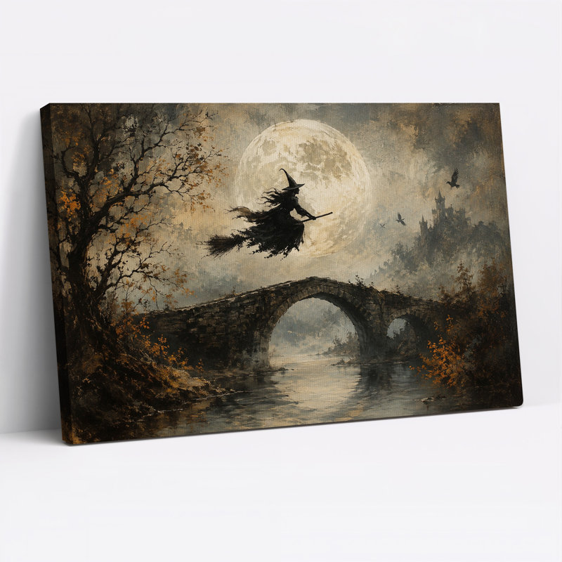 Art mural sur toile, "Sombre sorcière volant sur un pont de pierre", H 16 po x l 24 po