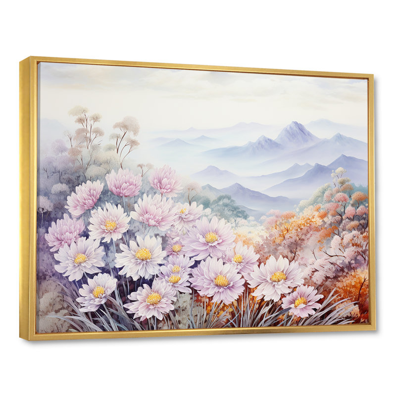 Fleurs de maman dans un paysage de montagne sur toile, Cadre flottant doré, H 24 po x l 32 po x P 1 po