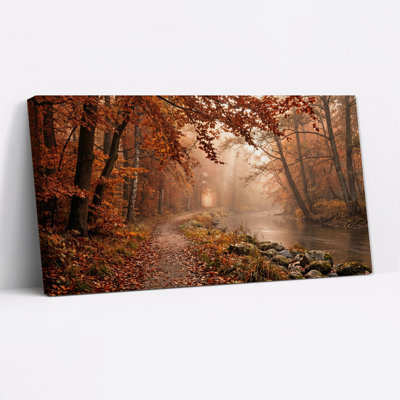 Sunlit Autumn Forest Path Along River Canvas Wall Art