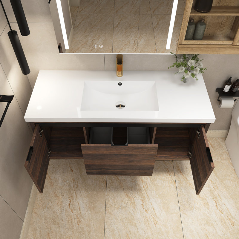 Meuble-lavabo mural simple 47,2 po avec plateau en résine, Noyer de Californie