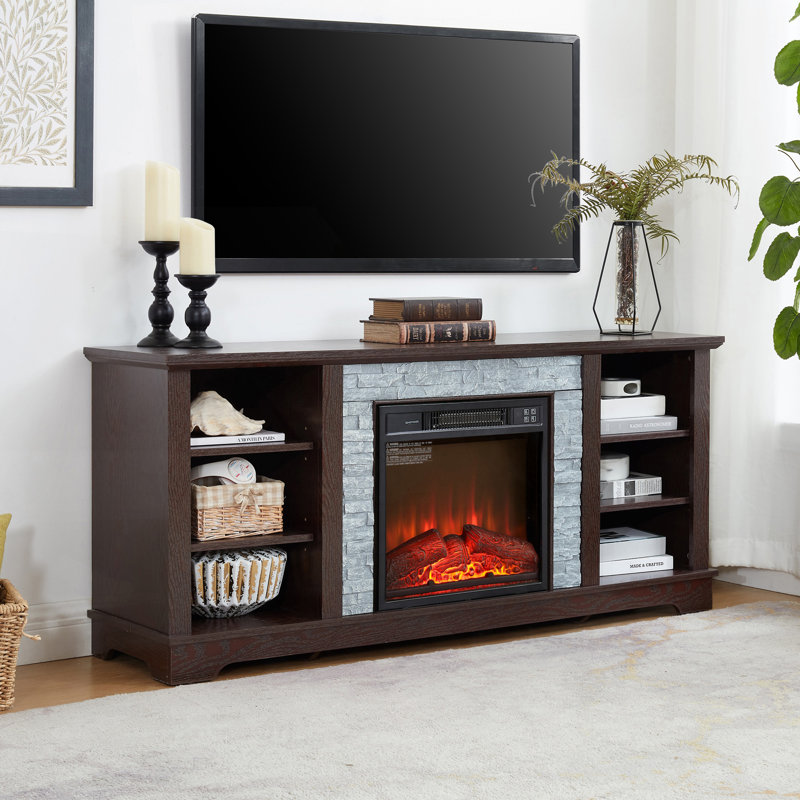 Meuble télé en faux bois avec rangement ouvert et foyer 18 po