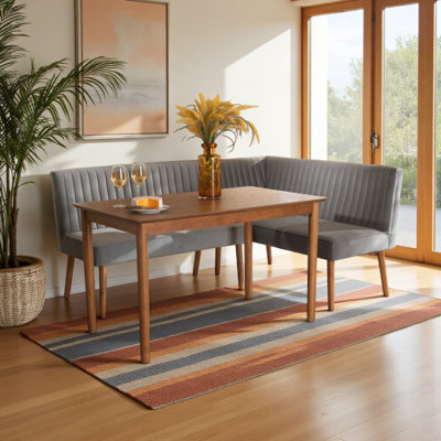 Jacobs 3-Pc Set Gray Velvet Upholstered & Brown Finish Dining Nook, 27.59" H X 47.11" W X 27.33" D
