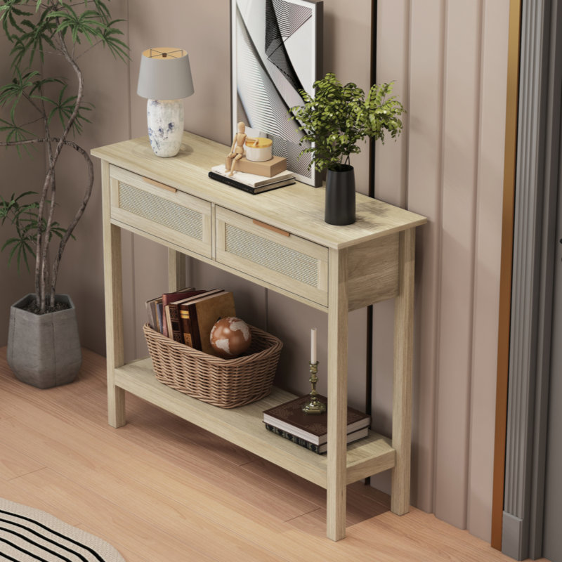Boho Style Console Table with 2 Rattan Drawer and Bottom Storage Shelf
