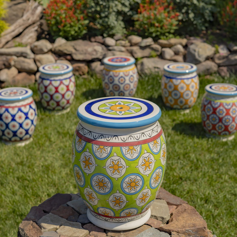 Ilayda Ceramic Accent Stool, Purple/White, Green/Blue/White