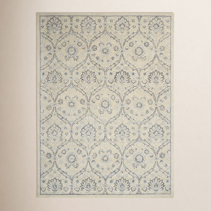 Doel Rashi Oriental Hand-Tufted Wool Light Blue/Ivory Area Rug, Rectangle 7'9" x 9'9"
