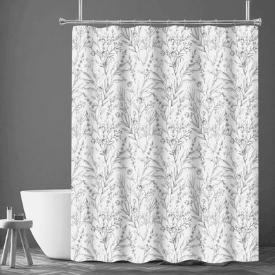 Rideau de douche en polyester + crochets en métal - gris / floral