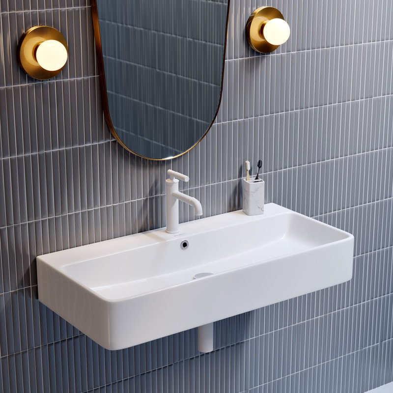Carre 36" Rectangle Wall-Mount Bathroom Sink, Glossy White, Glossy White