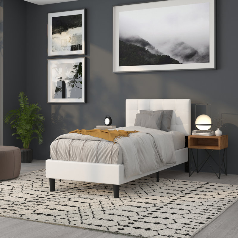 White Twin Tufted Upholstered Headboard with Diamond Stitch