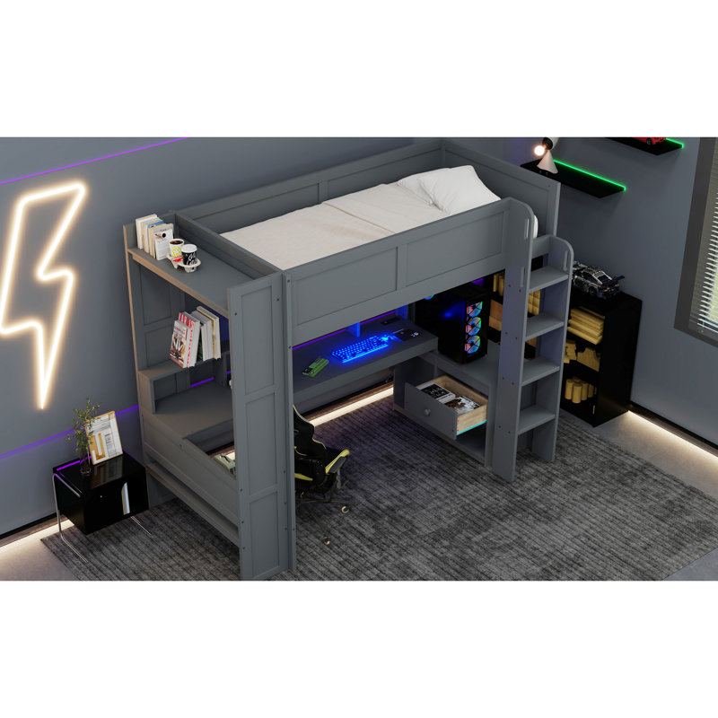 Wood Twin Loft Bed With Desk, Multi, Led, Charging, Dark Gray Finish Storage Spaces, Charging Point