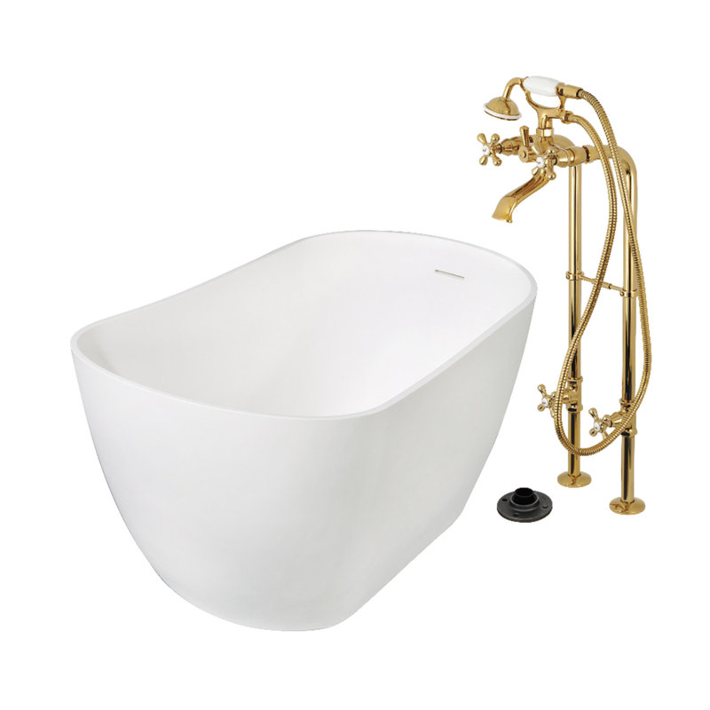 Kingston Brass Arcticstone 51-Inch Solid Surface Oval Single Slipper Freestanding Tub With Faucet Combo And Drain
