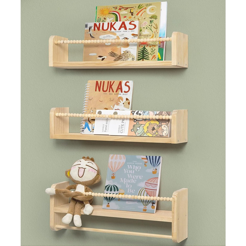 Set Of 3, Natural Wood Bookshelves Wall Decor, Small Floating Shelf Organizer For Room, Bedroom, Kitchen Spice Rack