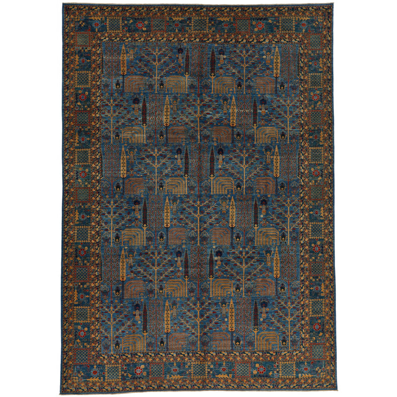 Tapis traditionnel bleu et multicolore 10 x 14