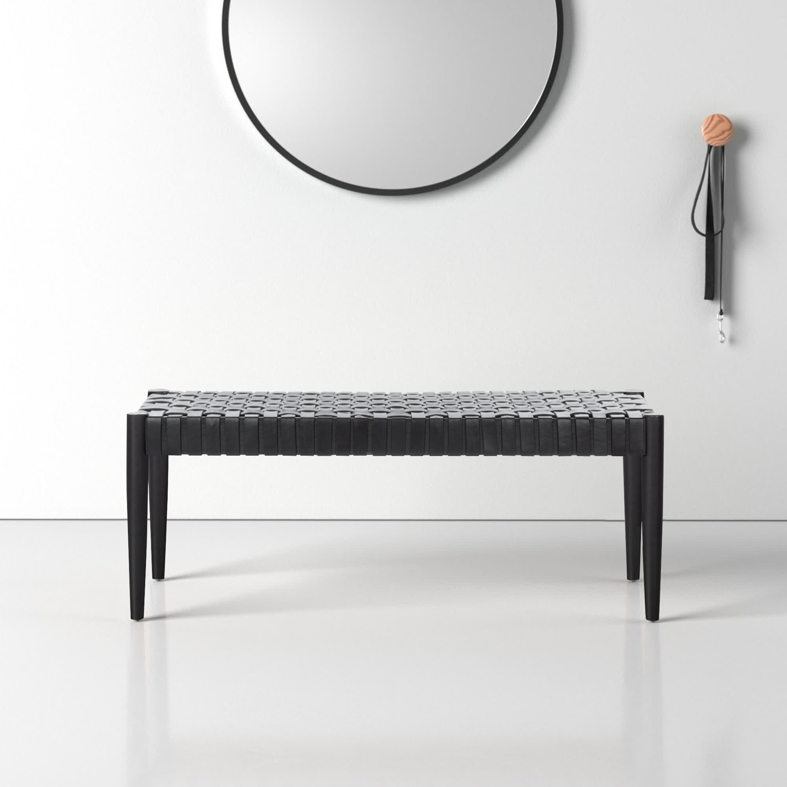 Orin 47" Woven Leather Dining Bench, Black Frame/Black Leather