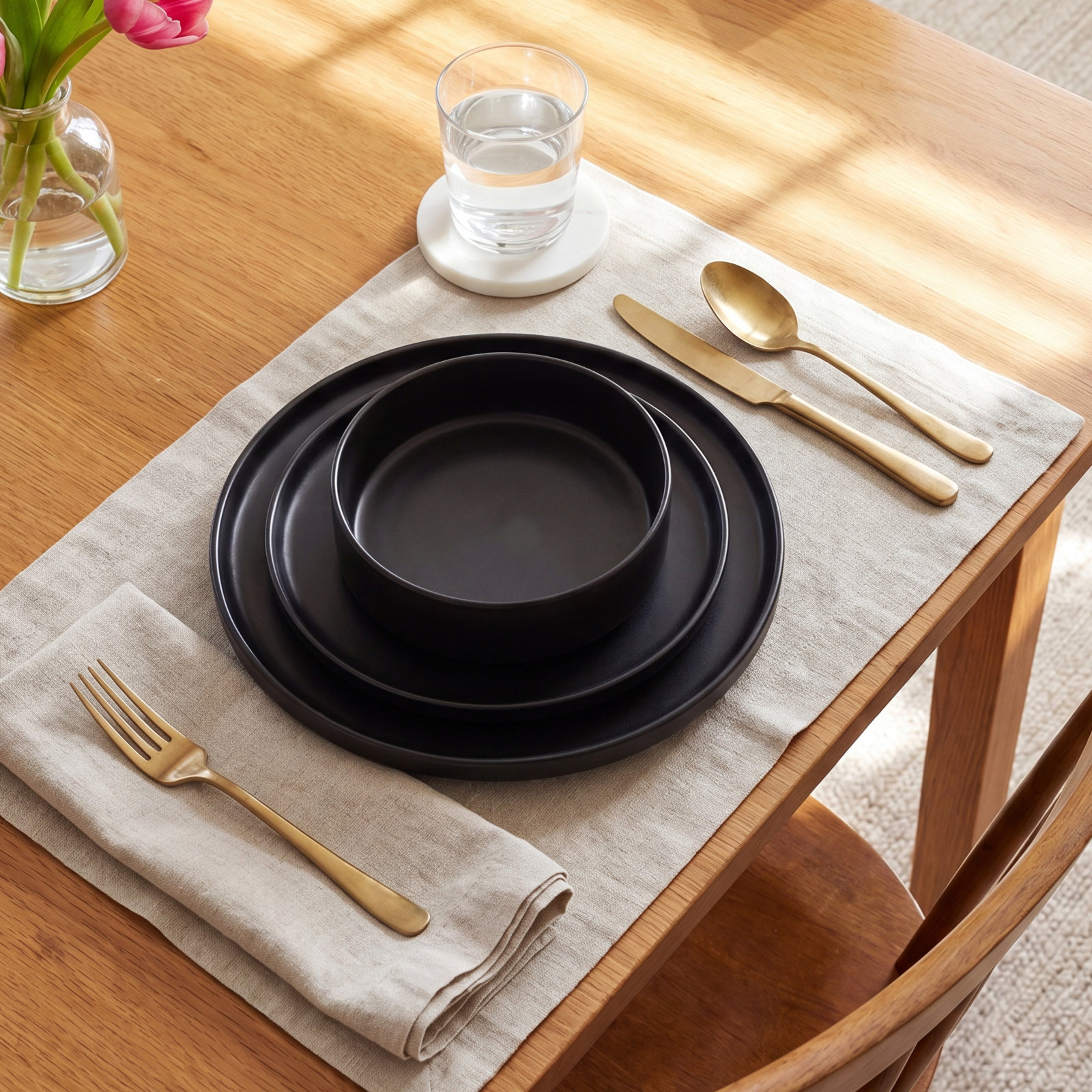 Stackable Stoneware Dinnerware Set, Black