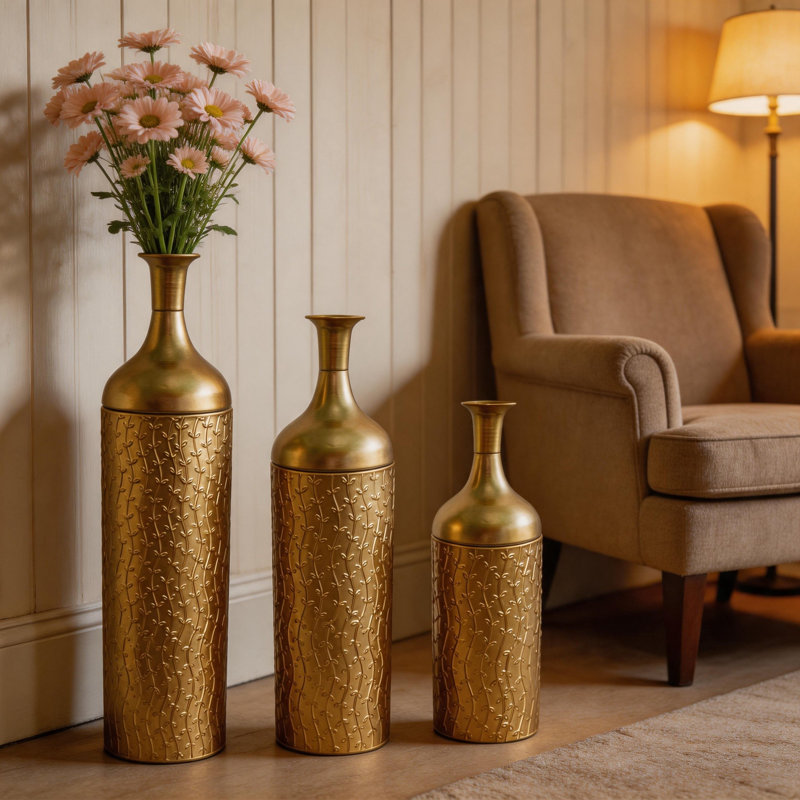 Ensemble de 3 vases cylindriques en métal doré à la feuille, 82 cm (32,3 pouces), décoration intérieure