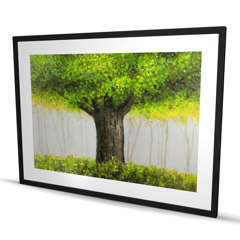 Grand arbre vert - reproduction mat contemporaine encadrée pour la décoration, H 48 po x l 36 po, Noir
