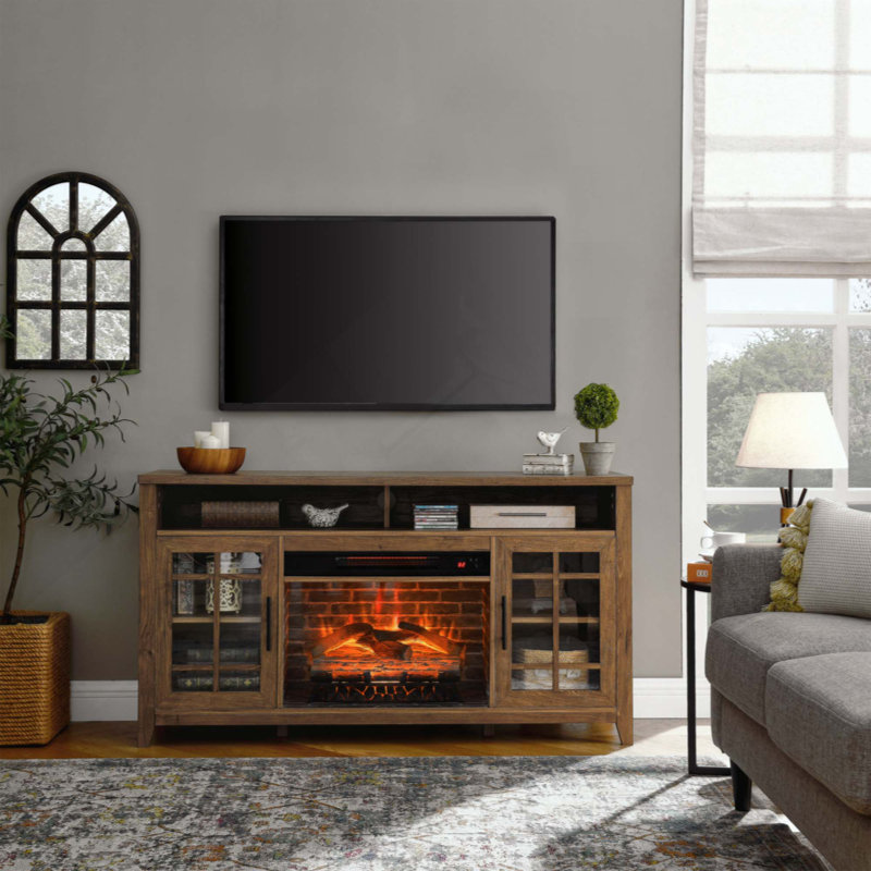 TV Media Stand With Electric Fireplace KD Inserts Heater, Brown