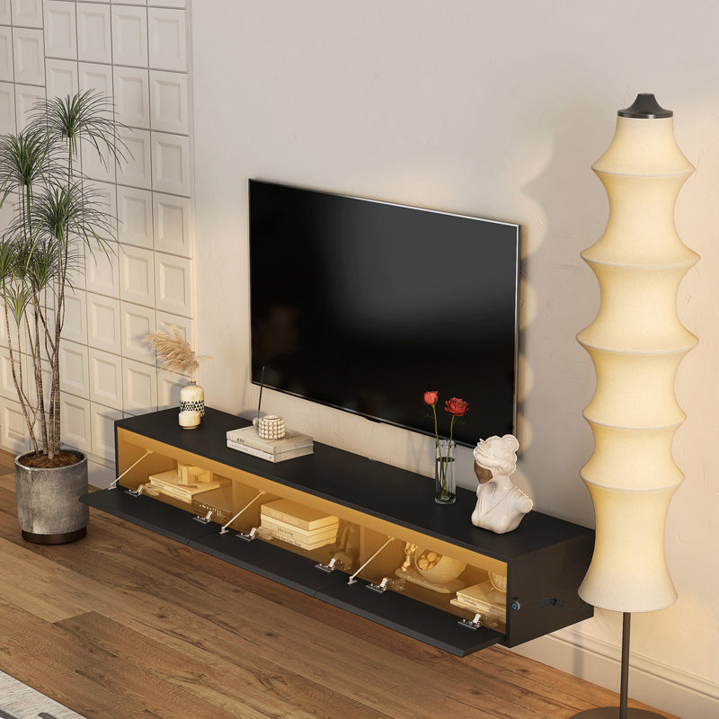 Modern TV Stand with Led Lights and Power Outlet, Black