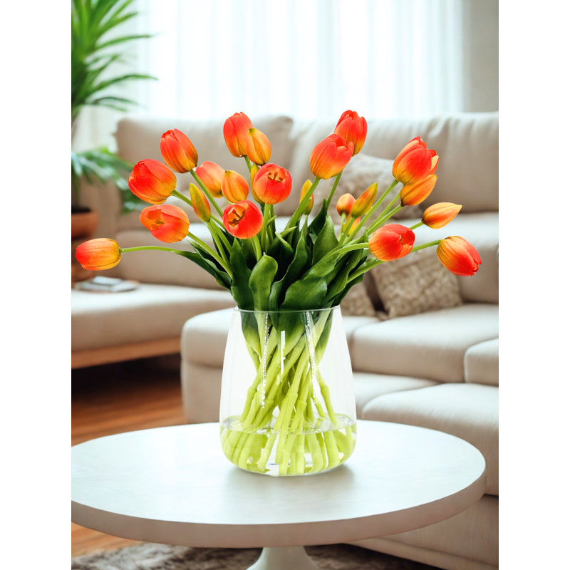 Tulipes artificielles Real Touch dans un vase en verre , Orange