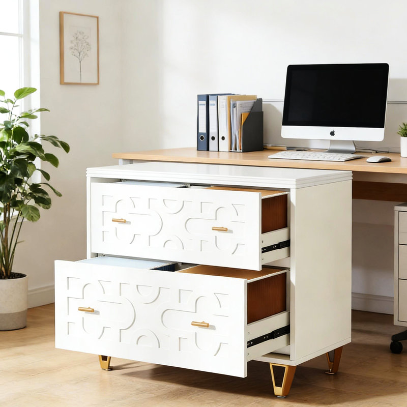 Classeur multifonctionnel blanc de bureau nordique, deux tiroirs, embouts et assemblage facile