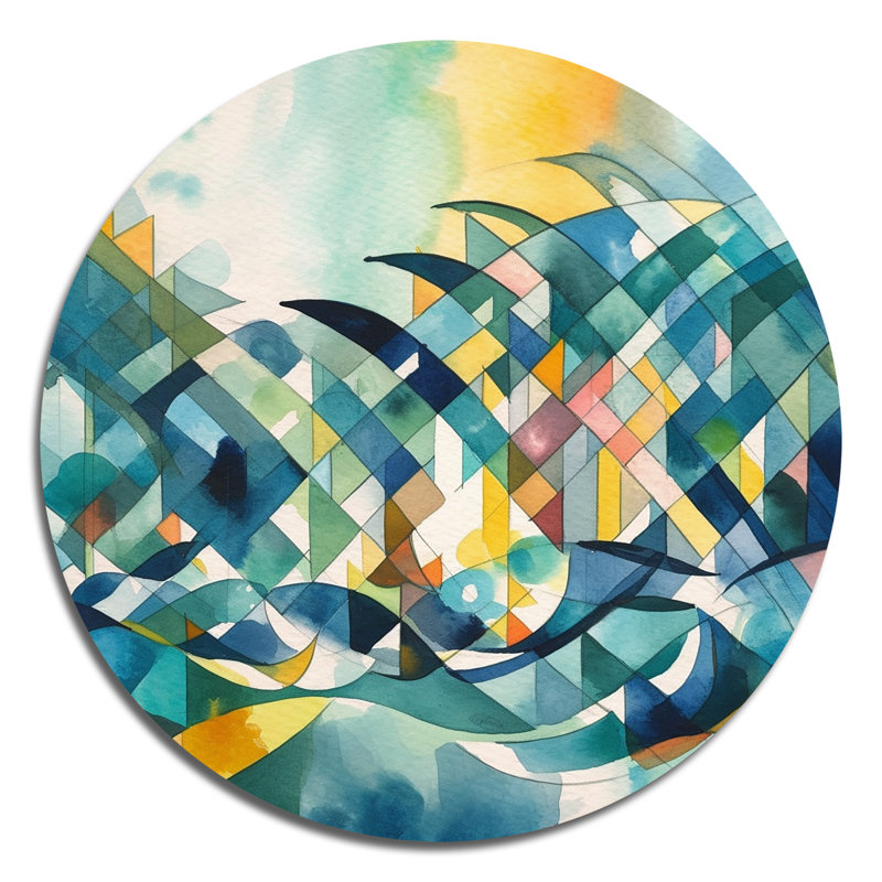 «Blue and orange», art mural rond abstrait géométrique sur métal, H 29 po x l 29 po x P 1 po