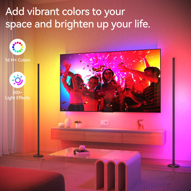 57" Corner Ambient Lighting Lamp With Music Sync & 16 Million Colors, Remote & App Control, Black