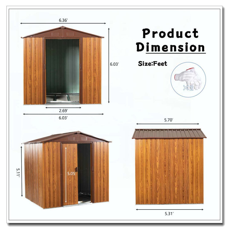 6 Ft. W X 6 Ft. D Metal Storage Shed Appealing horizontal siding  in woodgrain with coffee trim to complement